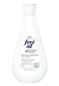 White bottle of cleansing milk with a ribbed cap, labeled "frei öl ReinungsMilch." Features text in red and blue; includes aloe vera and glycerin.