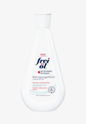 White bottle of cleansing milk with a ribbed cap, labeled "frei öl ReinungsMilch." Features text in red and blue; includes aloe vera and glycerin.