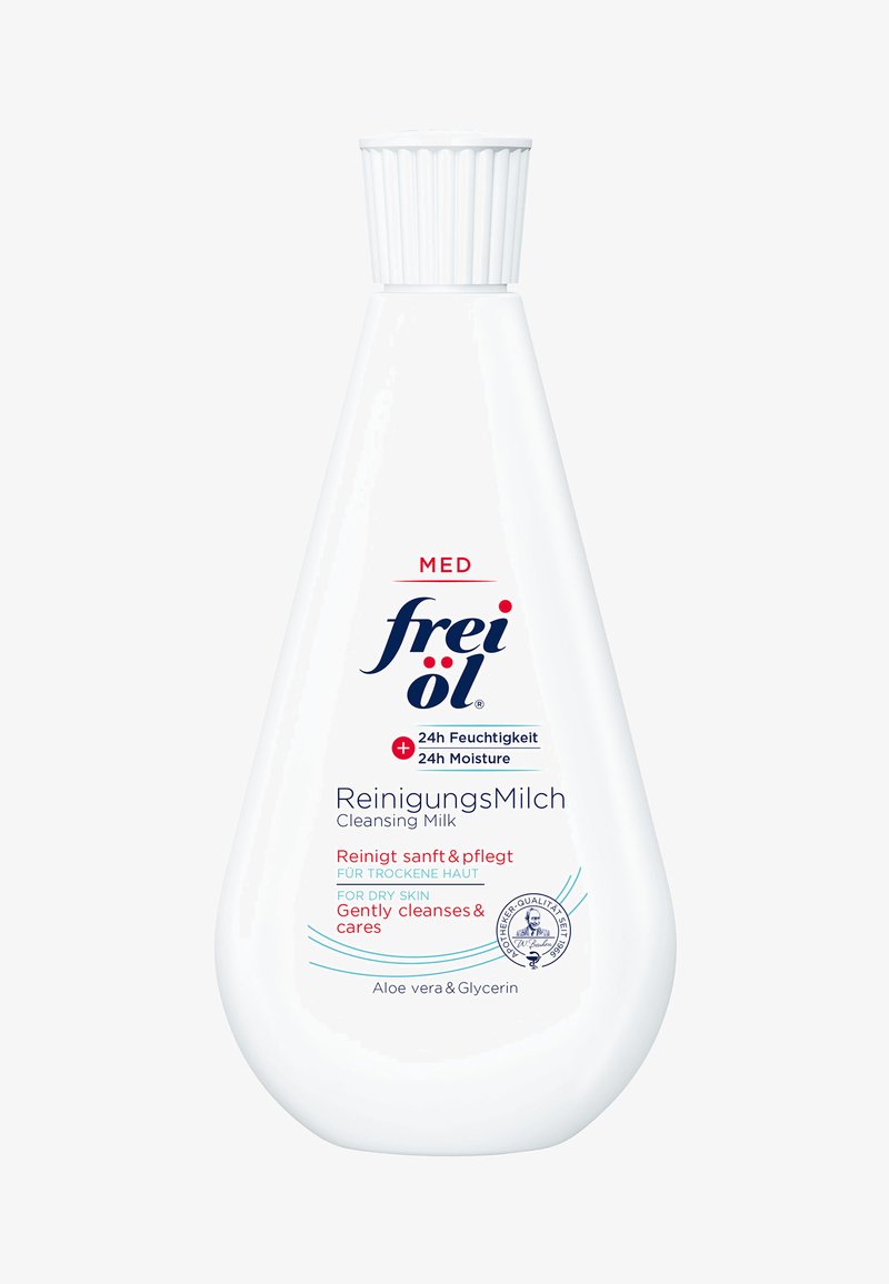 White bottle of cleansing milk with a ribbed cap, labeled "frei öl ReinungsMilch." Features text in red and blue; includes aloe vera and glycerin.