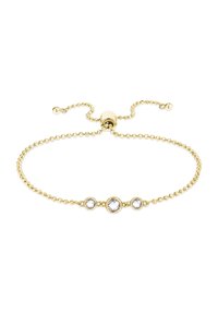 Armband med guldpärlor och tre klara, cirkulära ädelstenar som är infattade i klor. Justerbar låsning med glidfunktion för storleksanpassning.