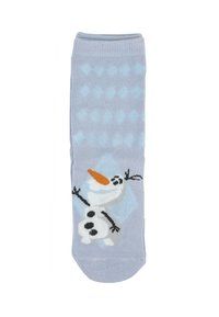 Hellblaue Baumwollsocke mit einem weißen Cartoon-Schneemann-Motiv, der eine orangefarbene Karottennase, schwarze Knöpfe und einen Hintergrund mit Rautenmuster aufweist.
