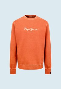 Oranžová mikina s ribovanými manžetami a lemem, na přední straně s bílým logem "Pepe Jeans London", vyrobená z měkké, texturované látky.