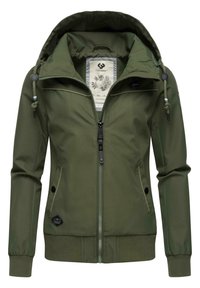 Lekka oliwkowa kurtka z zamkiem błyskawicznym, regulowanym kapturem, bocznymi kieszeniami i ściągaczami przy mankietach. Gładka faktura i minimalistyczny design.