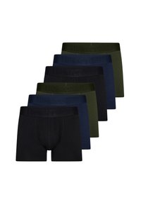 Set aus sieben Herrenboxershorts in einer Mischung aus Schwarz, Marineblau und Grün. Weiches Material mit einem elastischen Bund, der mit dem Markennamen geprägt ist.
