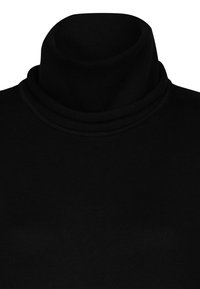 Schwarzer Rollkragenpullover aus geripptem Strickstoff. Hat einen hohen Kragen und eine subtile Textur. Keine sichtbaren Muster oder Hardware-Details.