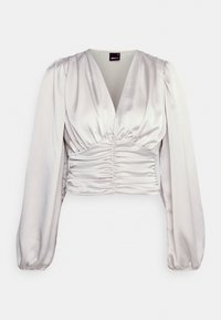 Light gray satin crop top with long, puffed sleeves and a deep V-neck. Gathered detailing at the waist adds texture and dimension.