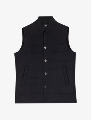 Zwarte geïsoleerde vest met een staande kraag, een vijfknopenluiting aan de voorkant en twee zijzakken. Bevat horizontale stiksel voor extra textuur.