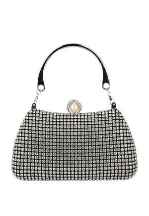 Fekete alkalmi táska csillogó strasszkövekkel, fém fogantyúval és gyönggyel díszített kapoccsal.