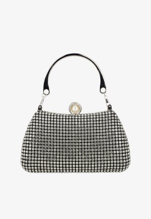 Schwarze Abendhandtasche verziert mit funkelnden Strasssteinen, einem Metallgriff und einem Perlen-accentuierten Verschluss.