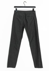 Gray trousers displayed from the back, featuring a smooth texture, slim fit, two back pockets, and a sturdy hanger for display.