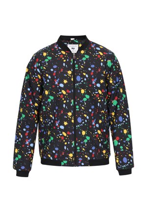 Black bomber jacket with a colorful splatter pattern in blue, red, yellow, and green. Features a front zipper and ribbed cuffs and hem.