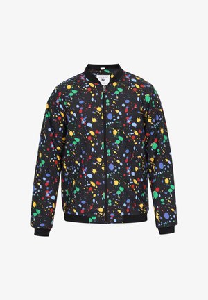 Schwarze Bomberjacke mit einem farbenfrohen Spritzmuster in Blau, Rot, Gelb und Grün. Verfügt über einen Frontreißverschluss sowie gerippte Bündchen und Saum.