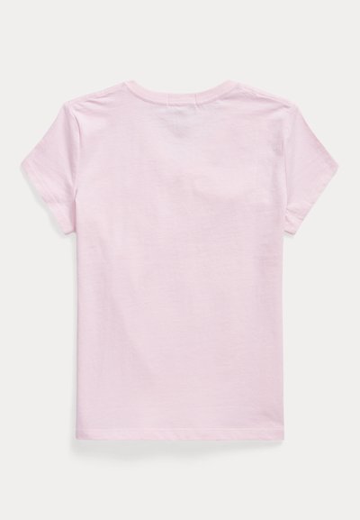 Light pink short-sleeve cotton t-shirt laid flat, showing back with round neckline and simple stitching details.