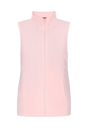 Svetlo roza brezrokavnik iz mehkega blaga, z visokim ovratnikom in sprednjim zadrgo. Brez žepov ali vzorcev. Gladka tekstura.