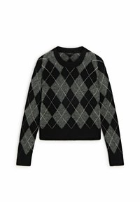 Pull à motif argyle noir et gris. Avec un col rond et des poignets côtelés, fabriqué à partir d'un matériau texturé doux. Conception courte.