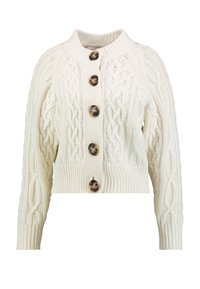 Kabelstrick-Cardigan in Creme, mit hohem Kragen, fünf großen braunen Knöpfen und gerippten Bündchen. Kurzes, gekürztes Design mit strukturierter Oberfläche.