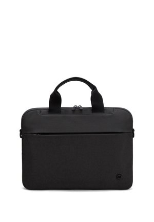 Borsa nera per laptop con doppio manico, tasca frontale con zip e piccolo logo circolare nell'angolo inferiore destro, mostrata su sfondo bianco.