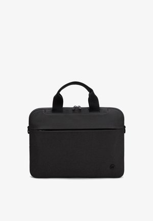 Sacoche noire pour ordinateur portable avec doubles poignées, poche avant zippée et petit logo circulaire en bas à droite, présenté sur fond blanc.