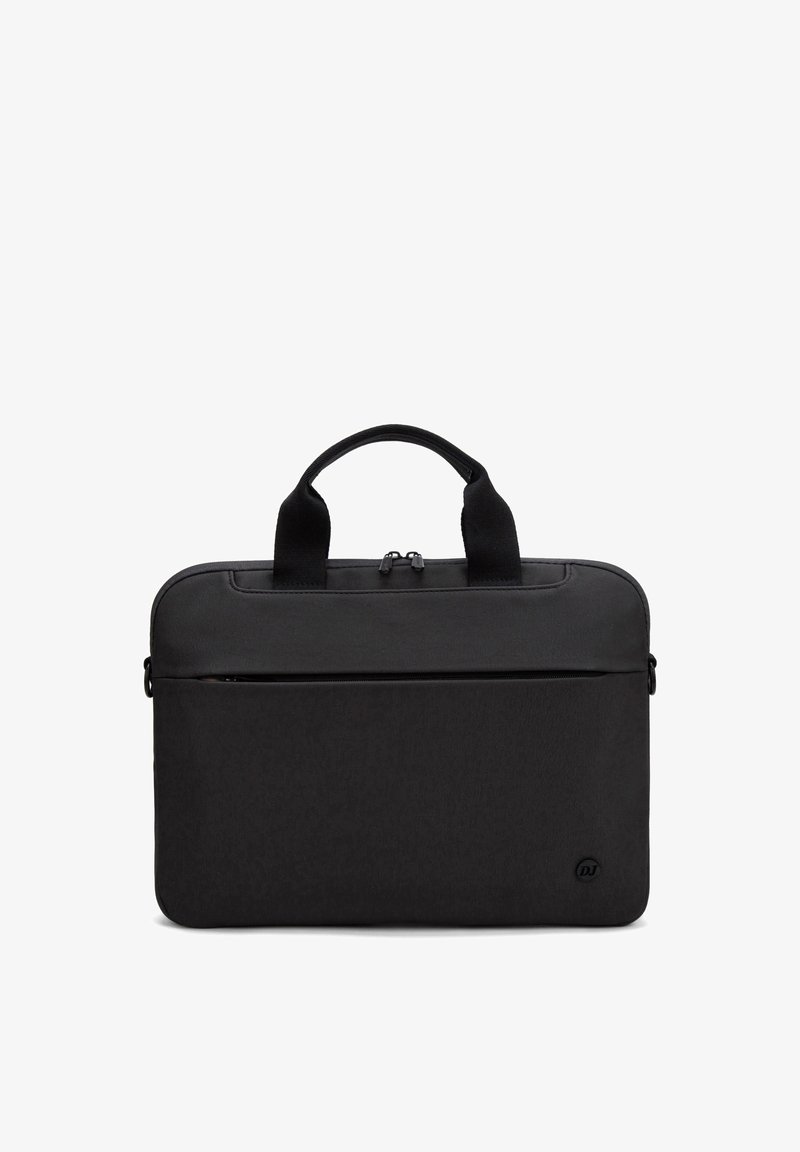 Sacoche noire pour ordinateur portable avec doubles poignées, poche avant zippée et petit logo circulaire en bas à droite, présenté sur fond blanc.