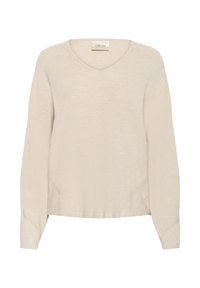 Beige V-Ausschnitt Pullover aus weichem Strickstoff, mit langen Ärmeln und subtilen seitlichen Akzenten. Glatte Textur mit lockerem Sitz.