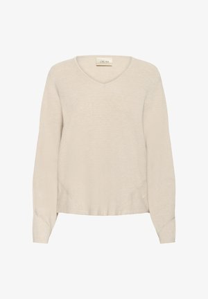 Bežový sveter s výstrihom do V, vyrobený z mäkkej pleteniny, s dlhými rukávmi a jemnými bočnými akcentmi. Hladká textura s voľným strihom.
