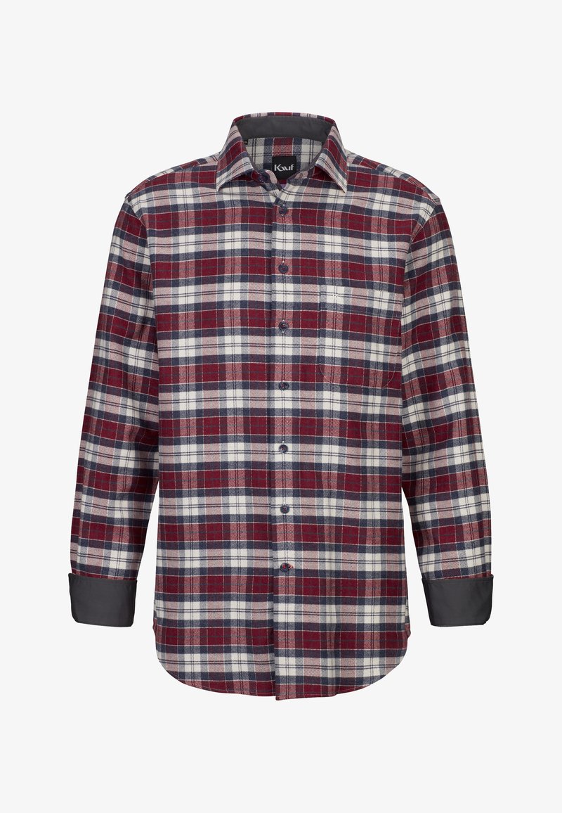 Camicia a maniche lunghe con bottoni, a fantasia tartan rossa, bianca e blu navy, con polsini interni e colletto di colore grigio scuro.