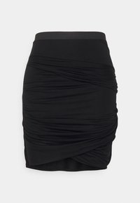 Mini gonna nera realizzata in tessuto morbido, con un design arricciato e una vita elastica per un maggiore comfort e vestibilità.
