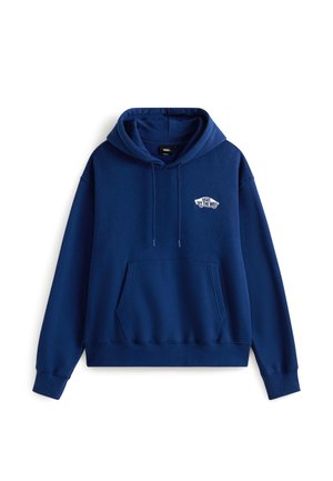 Navyblauer Hoodie aus Baumwollmischung, mit einer vorderen Kängurutasche, verstellbarem Kapuzenzug und einem kleinen Logo auf der Brust.