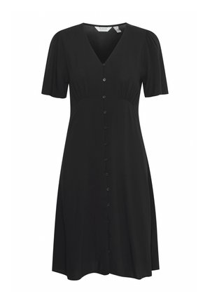 Vestido negro con escote en V, mangas cortas abullonadas, cierre de botones en la parte delantera y una silueta A-line fluida, confeccionado en un tejido ligero.