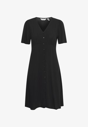 Melnas kleitas ar V veida kakla izgriezumu, īsām puff piedurknēm, pogu aizdari priekšpusē un brīvi plūstošu A-veida siluetu, kas izgatavota no viegla auduma.