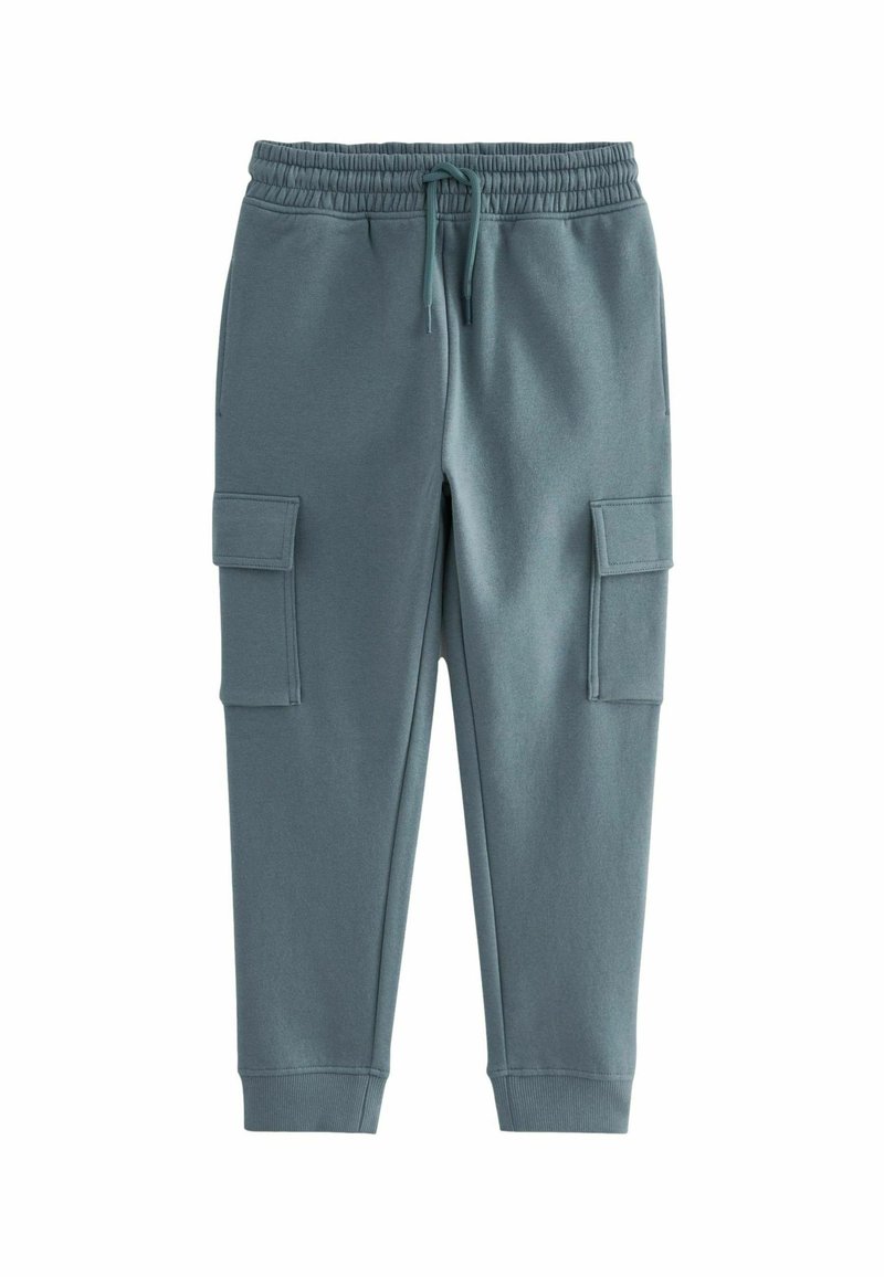 Pantalon jogger cargo bleu-gris avec taille élastique, cordon, poches latérales à rabat et poignets ajustés.