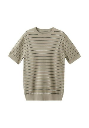 Pull en maille beige à manches courtes avec fines rayures horizontales noires et bords-côtes aux manches et à l'ourlet, posé à plat sur fond blanc.