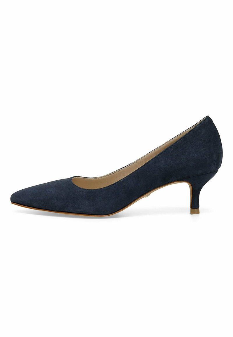 Chaussure femme bleu marine en daim à bout pointu, talon kitten bas effilé et semelle beige sur fond blanc.