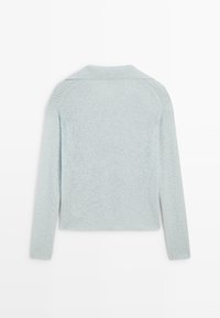 Light blue knitted long-sleeve sweater with a wide collar, shown from the back on a white background.