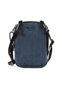 Borsa a tracolla in tessuto blu scuro con tracolla nera regolabile. Texture liscia, forma rettangolare, con un piccolo emblema sulla parte superiore.