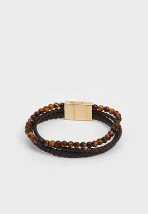 Braided black leather bracelet with alternating brown and black beads, featuring a gold-tone metal closure.