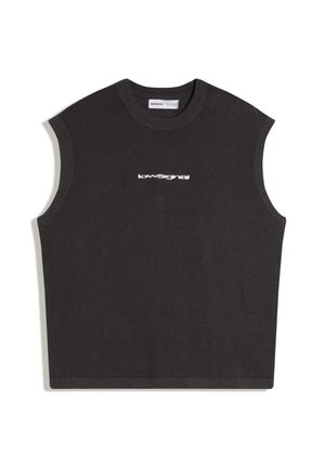 Zwart mouwloos gebreid topje met ronde hals en witte "lowsignal" tekst gecentreerd aan de voorkant.