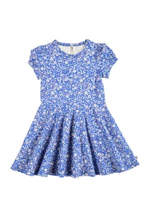 Blue short-sleeve children’s dress with pink and white floral pattern and flared skirt.
