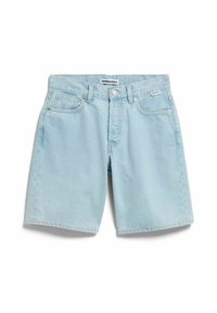 Light blue denim shorts with front button, belt loops, and five-pocket design, laid flat on a white background.