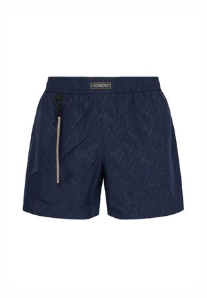 Navy blue shorts with subtle teddy bear pattern, elastic waistband, ICEBERG logo patch, and a side keychain with branded strap.
