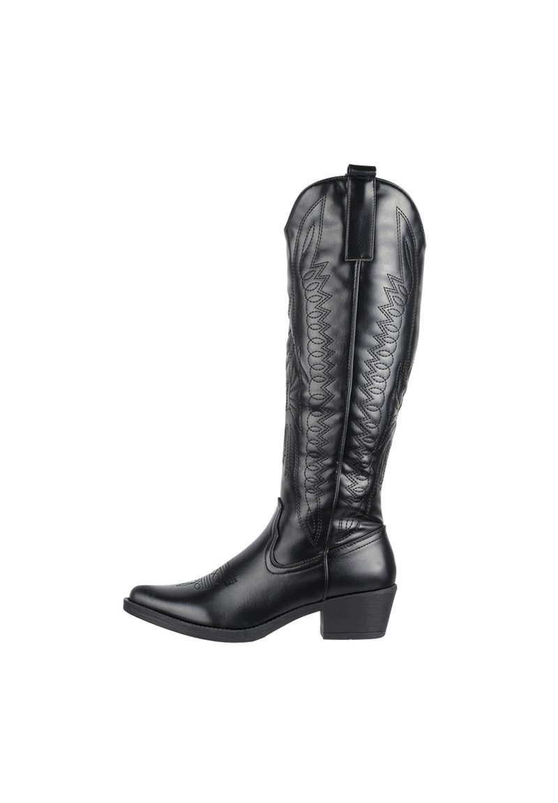 Bota de cowboy de cuero negro con costuras decorativas, punta afilada y tacón bajo cuadrado; cuenta con una lengüeta en la parte posterior para facilitar su colocación.