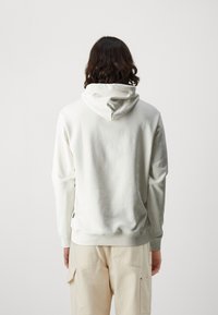Sweat-shirt gris clair avec une capuche à cordon de serrage, des poignets et un ourlet côtelés. Texture douce, coupe décontractée, avec un design simple sans logos visibles.