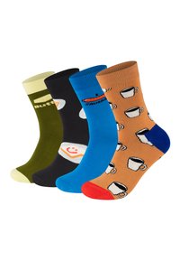 Vier kleurrijke sokken met ontwerpen van voedsel en dranken: boter, gebakken ei, worst en koffiekop, zij aan zij gerangschikt.