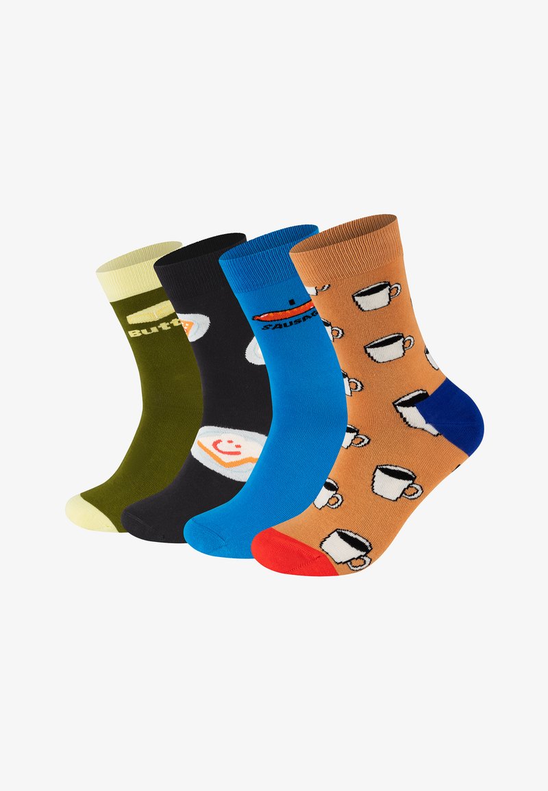 Quatre chaussettes colorées avec des motifs de nourriture et de boisson : beurre, œuf au plat, saucisse et tasse de café, disposées côte à côte.