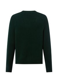 Ciemnozielony sweter dzianinowy, okrągły dekolt, długie rękawy, ściągacze przy hemie i mankietach, o gładkiej fakturze i prostym wzorze.