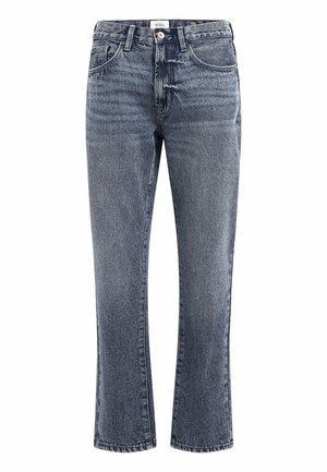 Jeans din denim albastru cu picior drept, talie medie și buzunare frontale. Au un finisaj de spălare estompată și detalii subtile de uzură.