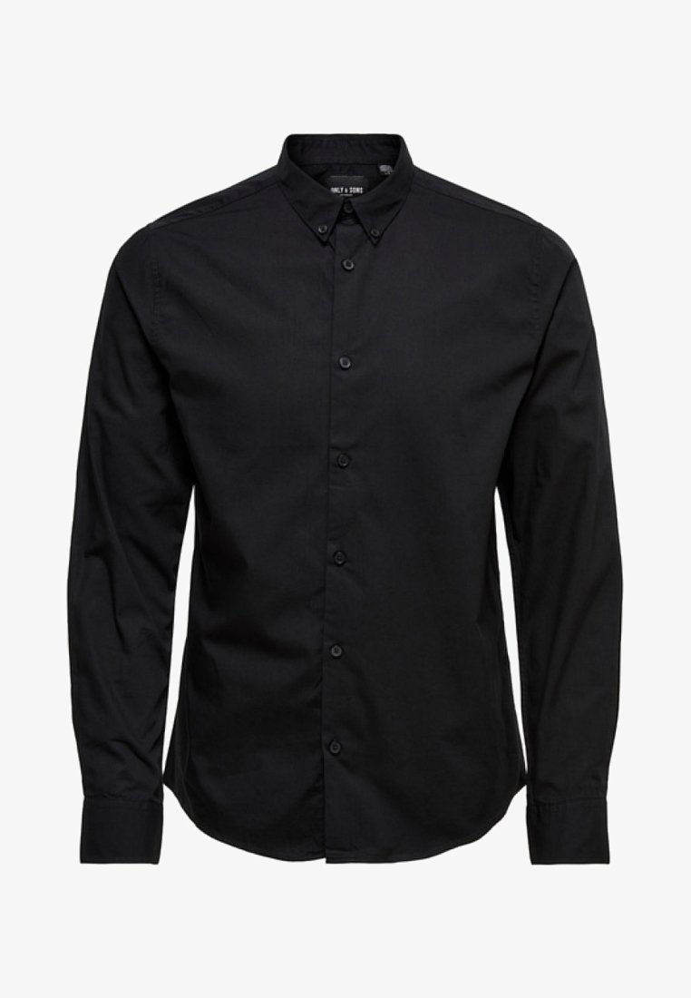 Camisa preta de manga longa, com botão, feita de algodão. Apresenta um colarinho clássico, botões frontais e uma bainha reta, sem padrões ou embellishments.