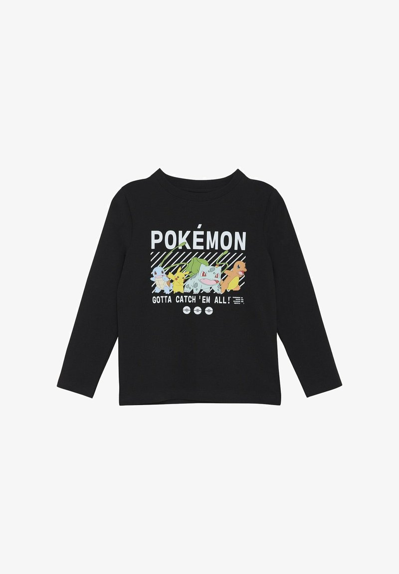 T-shirt noir à manches longues avec un imprimé graphique de personnages Pokémon et le texte « POKÉMON » et « IL FAUT TOUS LES ATTRAPER ! » en blanc.