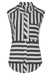Blusa senza maniche a righe bianche e nere, con colletto, tasca frontale e chiusura a bottoni con larghezze di righe variabili. Tessuto morbido.