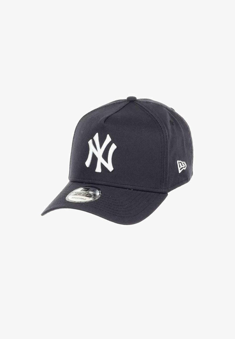 Navy blue baseball cap with a white embroidered NY logo, adjustable strap at the back, and a smooth, textured fabric finish.